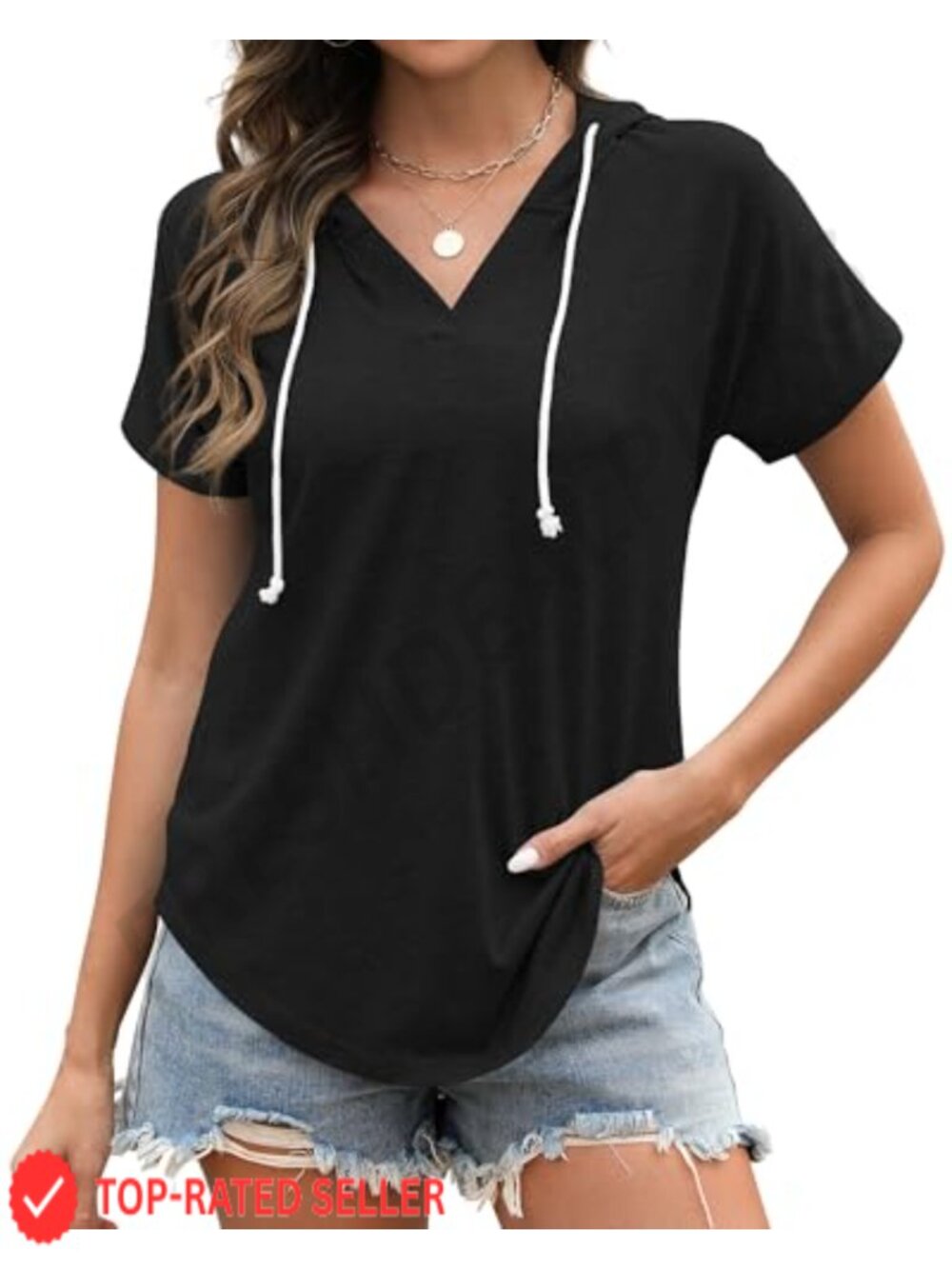 V Neck Hooded Sweatshirt Pullover Loose Fit Summer Top for Women